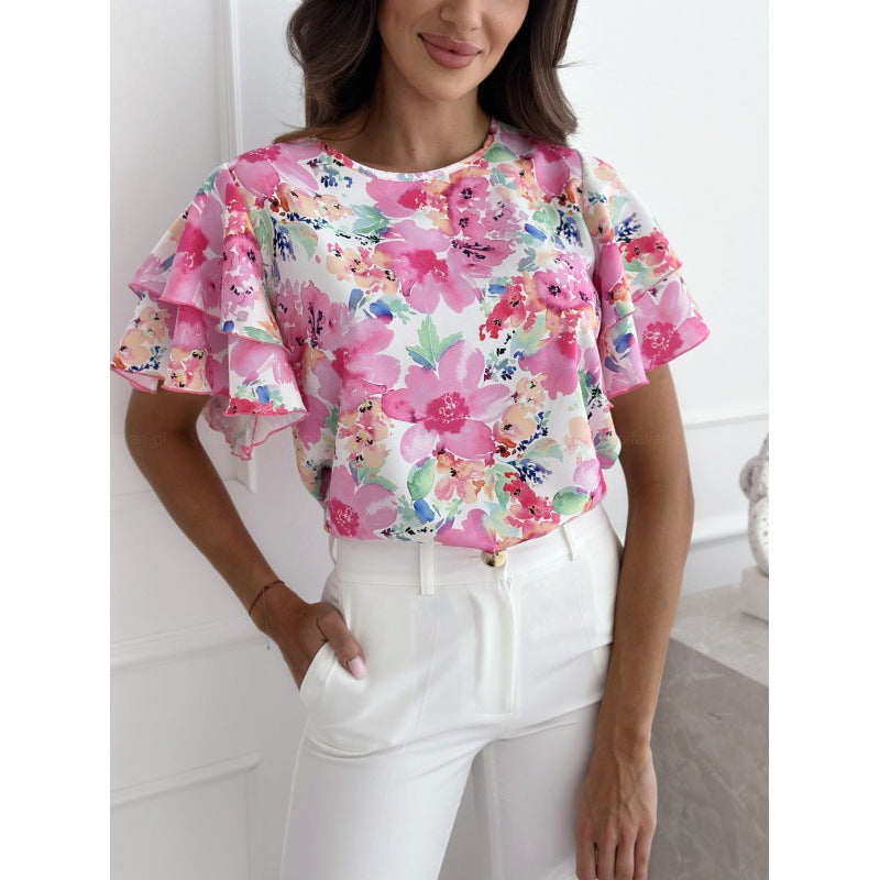 Fashion Summer Print Ruffle Sleeve Round Neck Short Sleeve Top 5