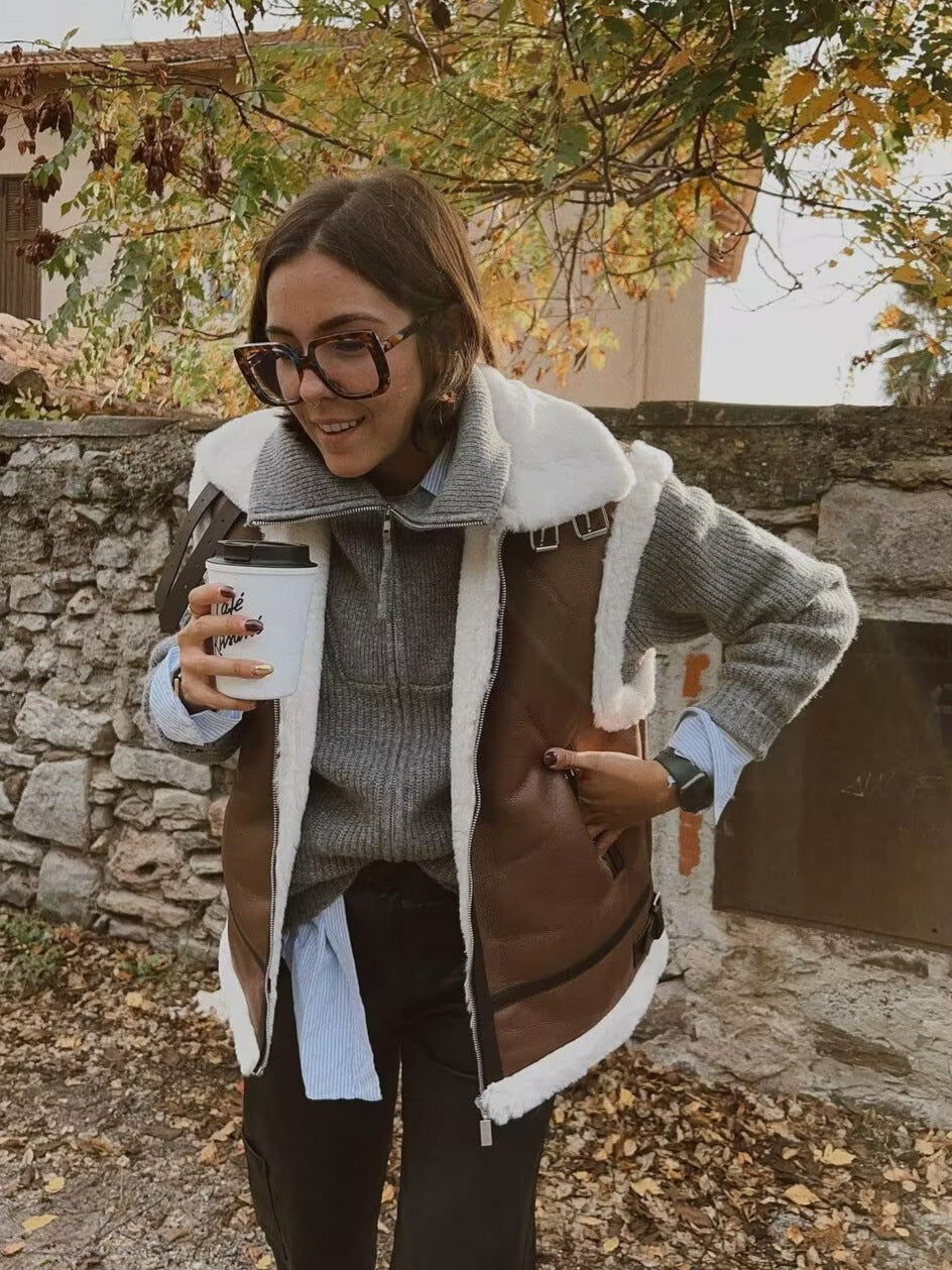 Women's Fur And Leather Patchwork Sleeveless Vest Jacket Women's Top 8