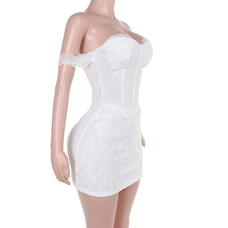 Women Summer Sexy Lace Waist Off Shoulder Dress 8