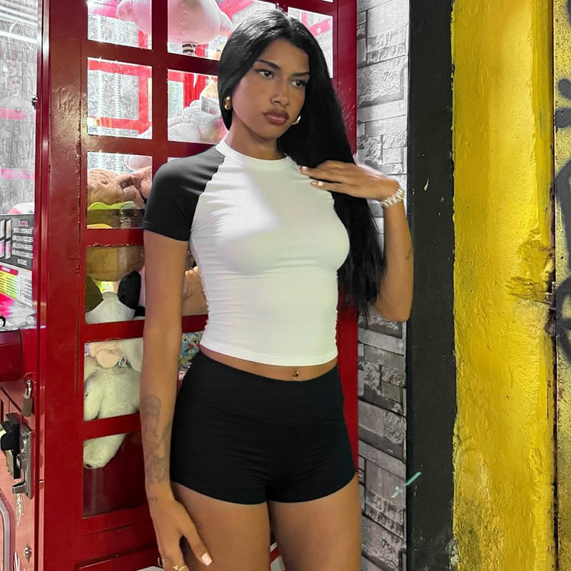 Women Spring and Summer Round Neck Contrast Color Top and Shorts Two-Piece Set 12