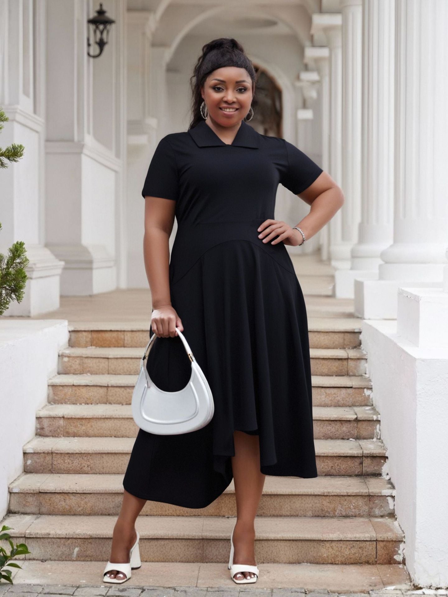 Plus Size Women Turndown Collar Irregular Elegant Dress 10