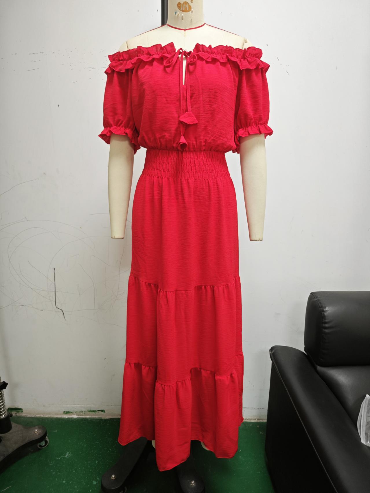 Fashionable Women's Solid Color Tie Ruffle Off-Shoulder Puff Sleeve Maxi Dress 10