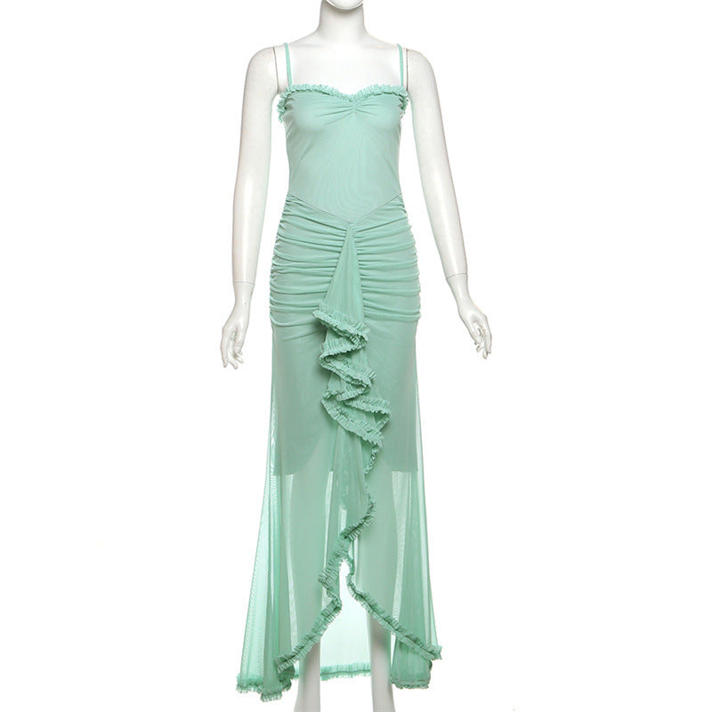 Women Sexy Backless Mesh Suspender Solid Dress 22