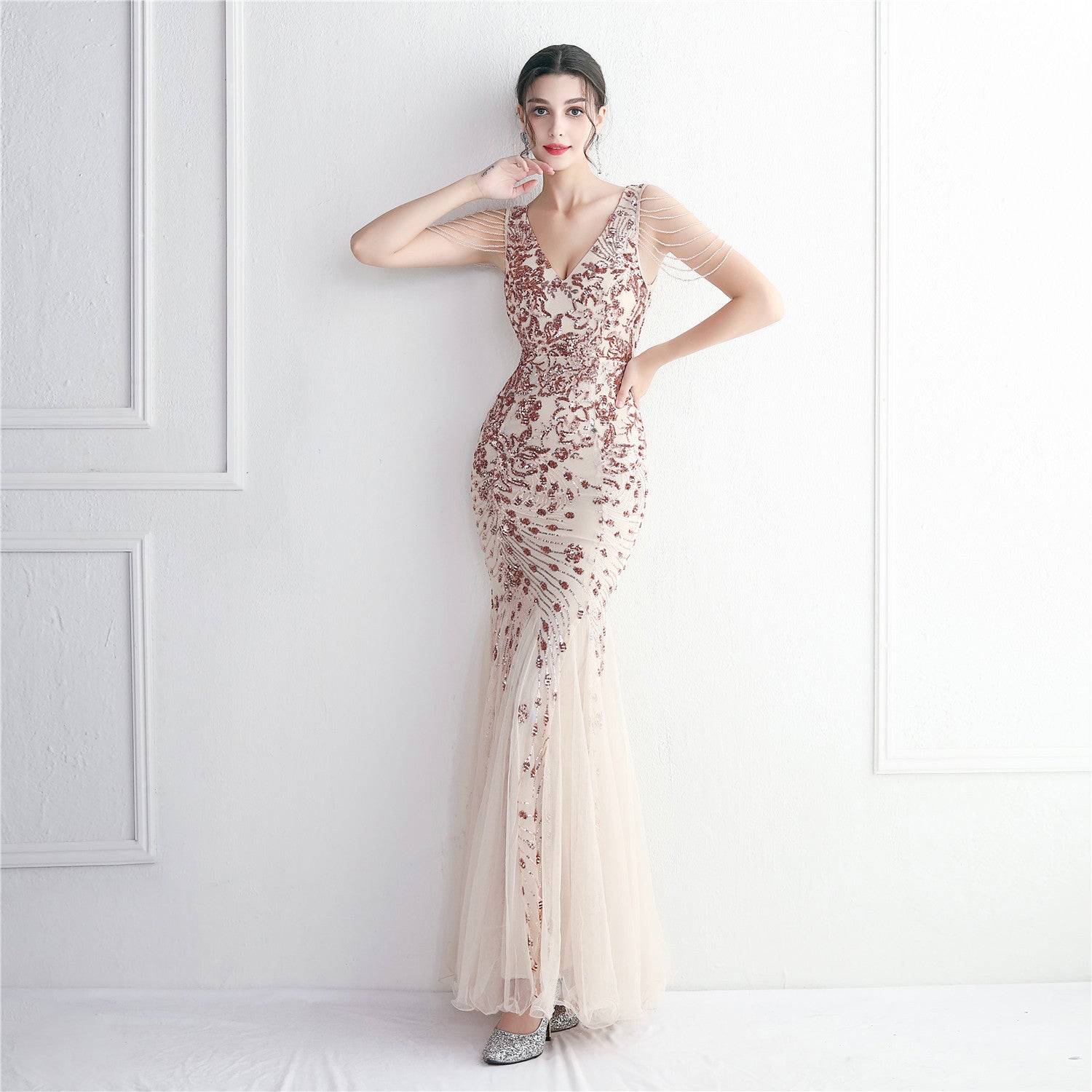 Sequin Mesh Beaded Chic Elegant Annual Meeting Long Fishtail Sequin Sexy Dress 4