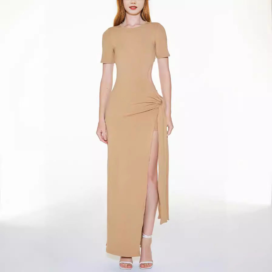 Spring Summer Low Back Lace-Up Slim Sexy Slit Solid Color Long Dress 8