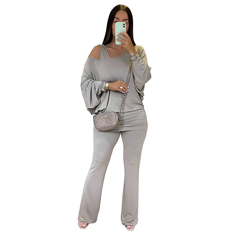 Women's Autumn & Winter Solid Color Casual Slash Shoulder One-Shoulder Lantern Long Sleeve Bell Bottom Pants Set 15