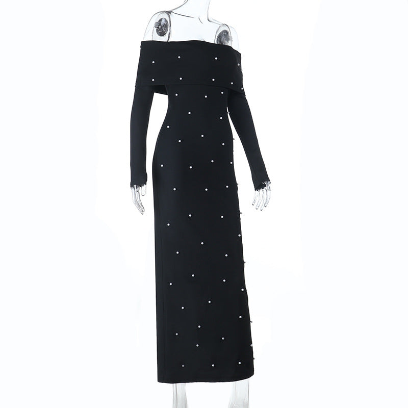Beaded Off-Shoulder Dress Autumn Chic Slim Evening Gown 7