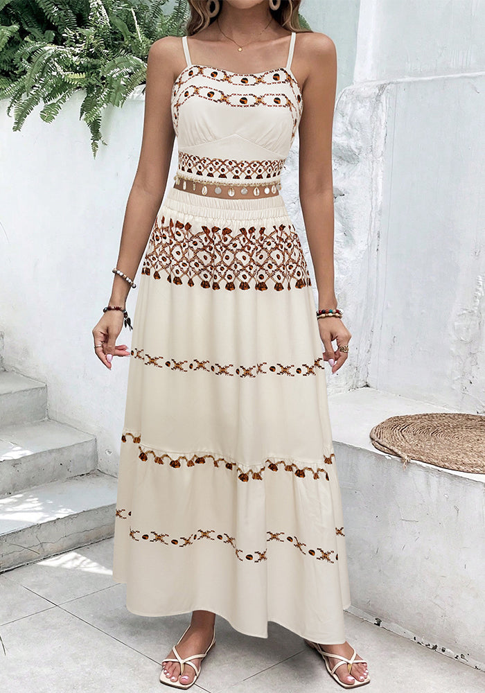 Women Bohemian Holidays Print Beach Tassel Ribbon Suspender Top and Skirt Two-piece Set