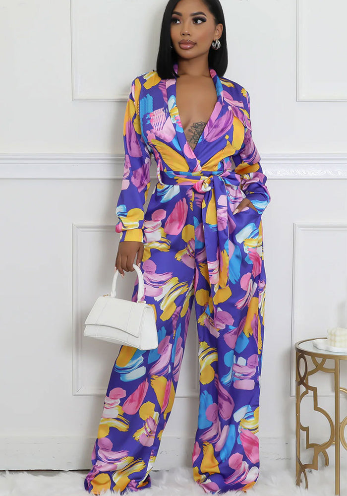 Women's Fashion Printed Long Sleeve High Waist Casual Wide Leg Jumpsuit
