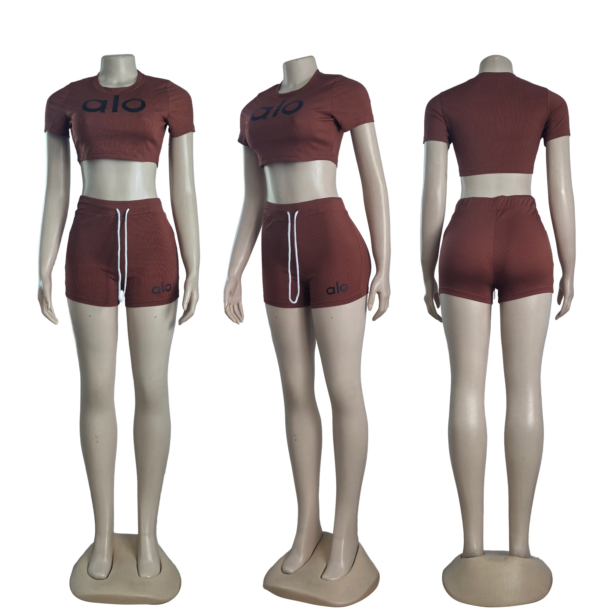 Women summer Stretch Round Neck short-sleeved top and shorts two-piece set 13