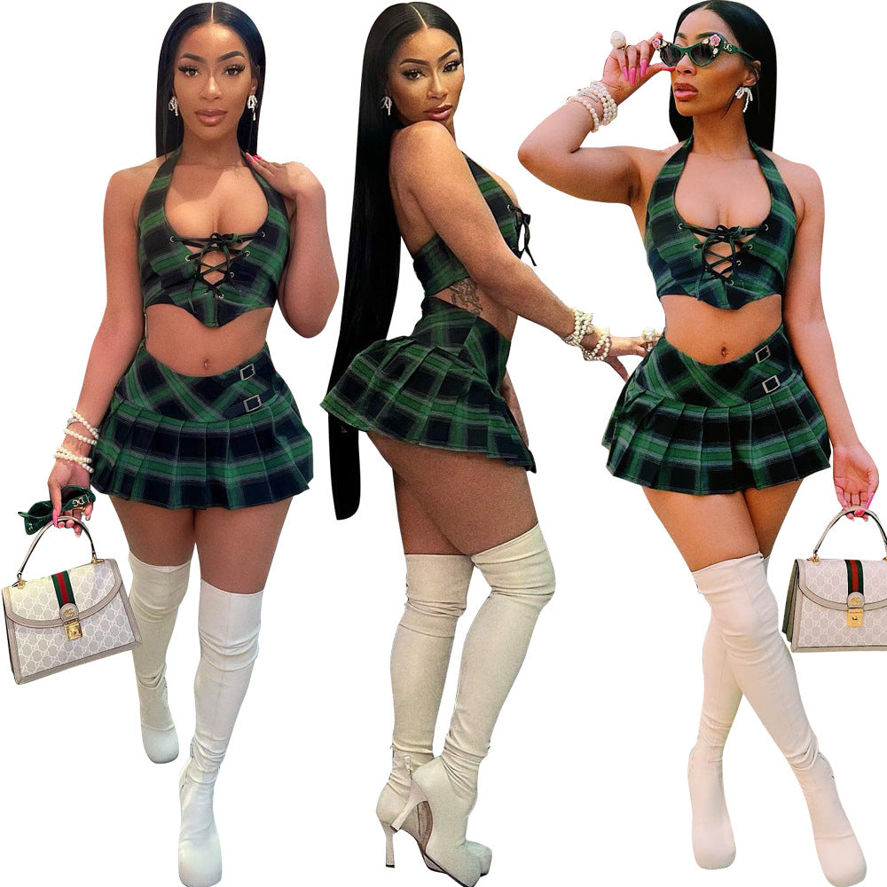 Women's Set Sexy Lace-Up Beach Party Holidays Halter Neck Pleated Skirt Set