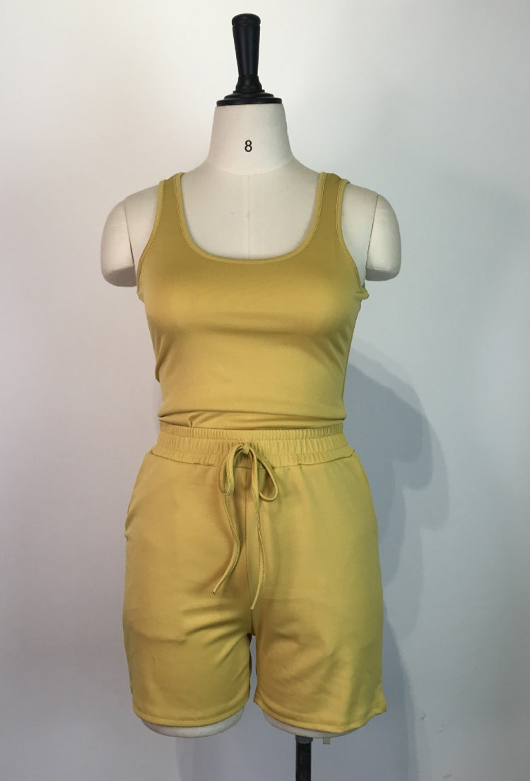 Summer Casual Yellow Vest and Drawstrings Shorts 2PC Set 3