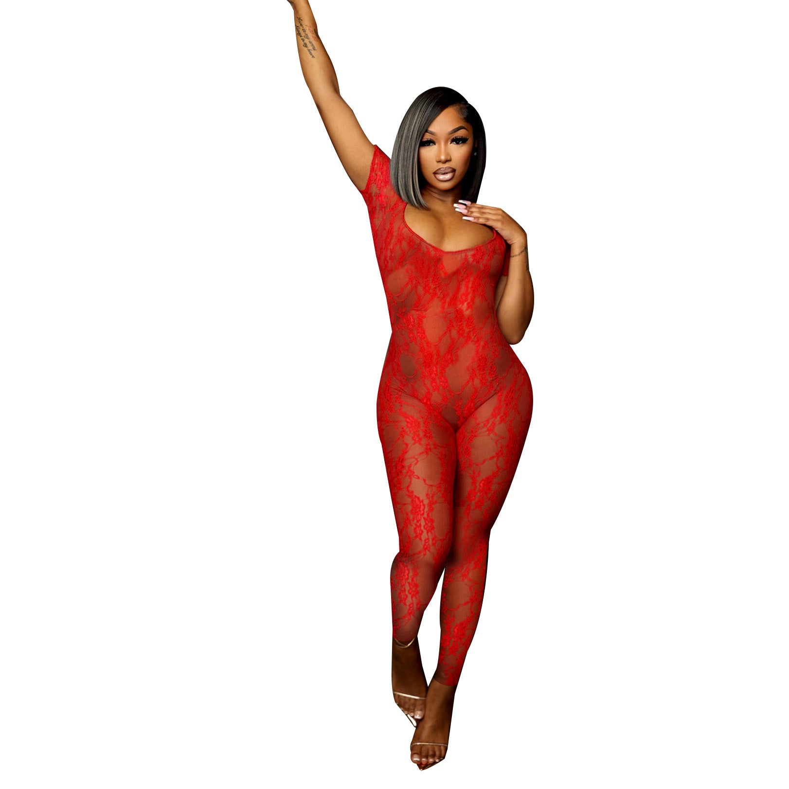 Women Summer Lace Short Sleeve Backless Sexy Jumpsuit 12