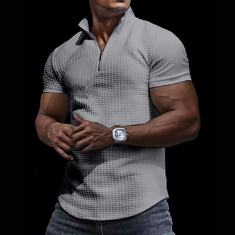 Men's Waffle Stand Collar Short Sleeve Solid Zipper T-Shirt Top