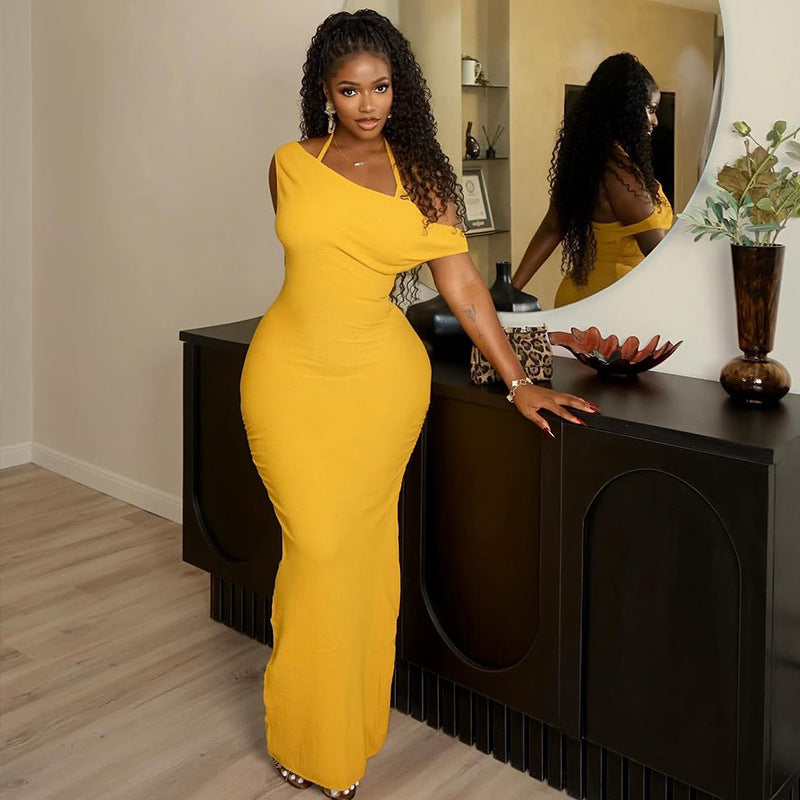 Women's Chic Elegant Halter-Neck Low-Back Solid Color Slit Maxi Dress 7