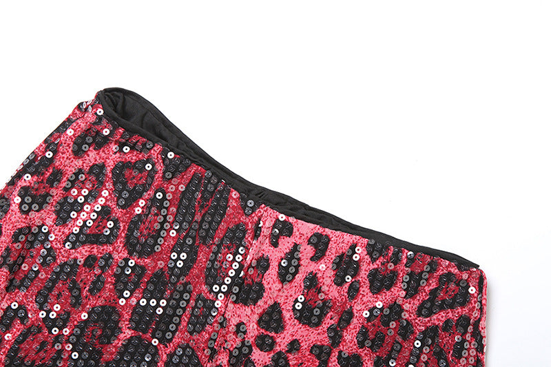 Women sexy animal leopard sequin sleeveless Top and shorts two-piece set 14