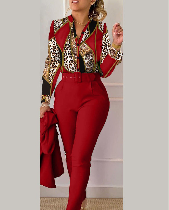 Spring Women's Clothing Long Sleeve Fashion Casual Printed Shirt High Waist Career Pants Set 10