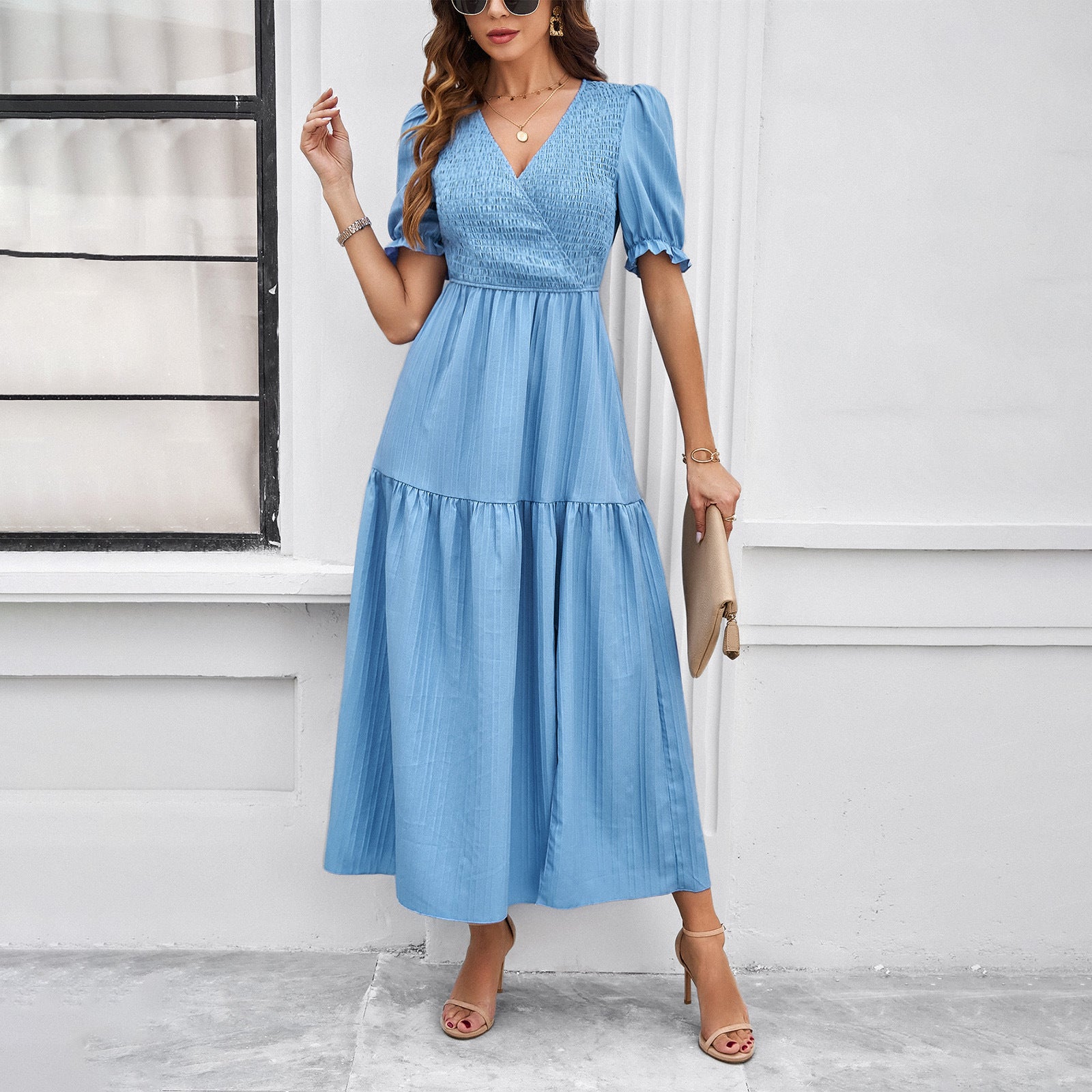 Women's Spring And Summer Solid Color Chic V-Neck Short-Sleeved Long Dress 9
