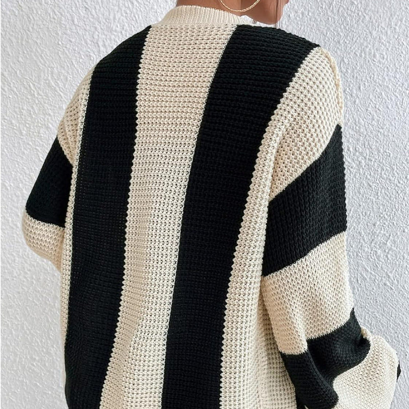 Fashionable Autumn And Winter Women's Striped Contrast Color Bell Bottom Sleeve Loose Knitting Cardigan 6