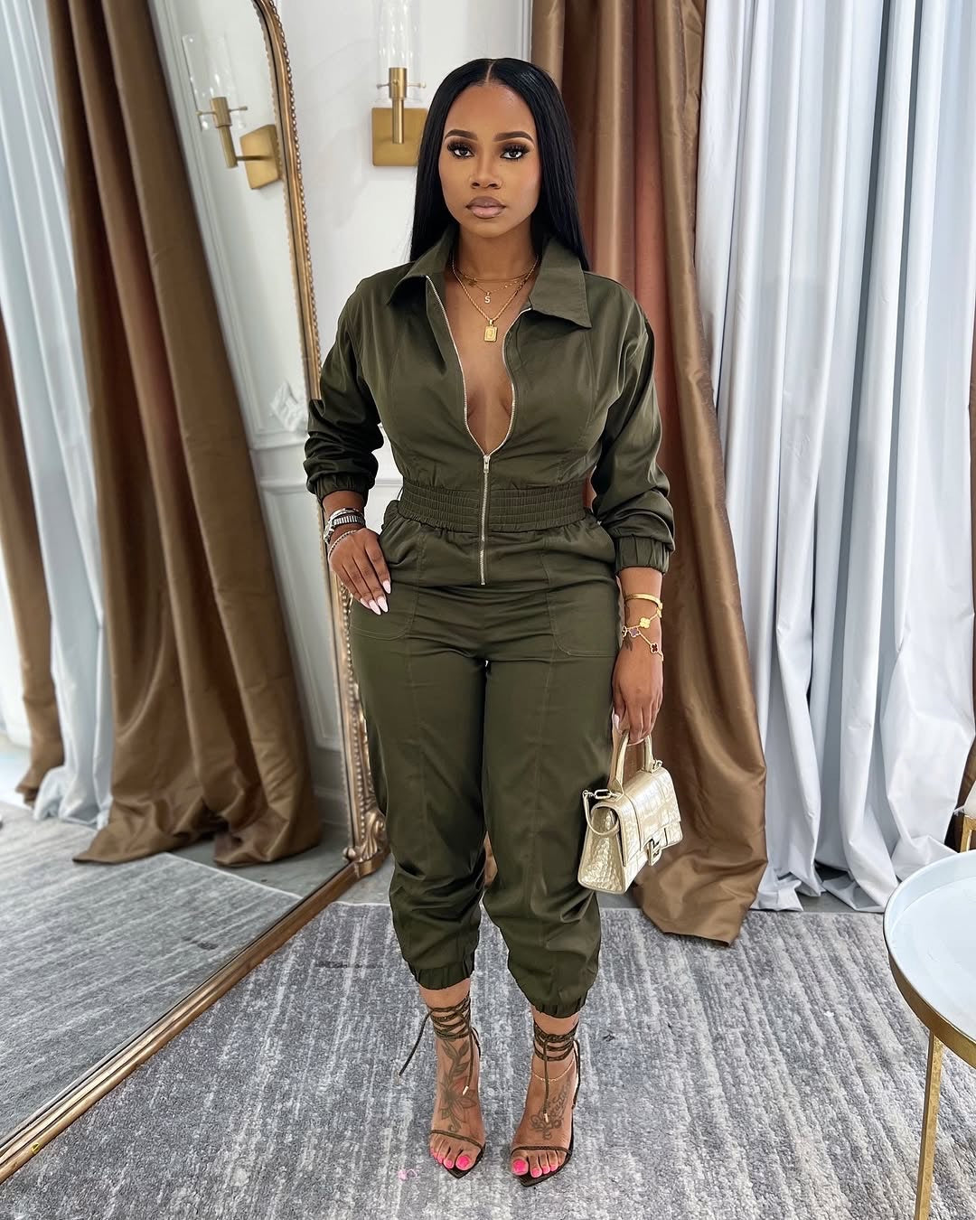 Women Turndown Collar Zipper Cargo Jumpsuit 4