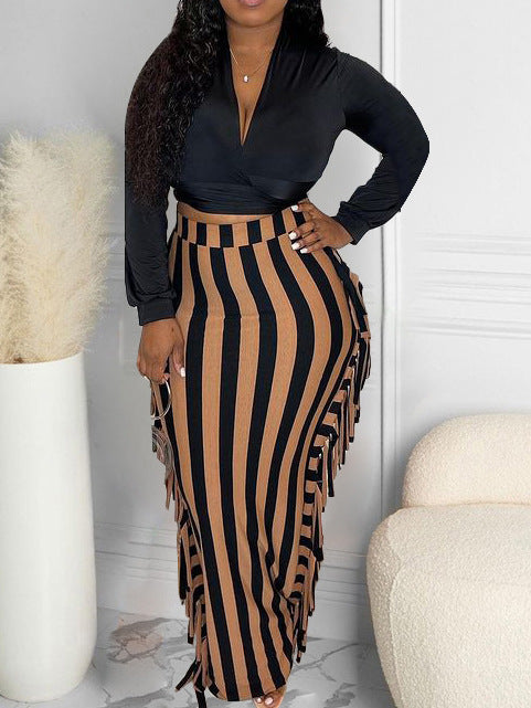 Women Autumn and Winter Top and Lace-Up Tassel Skirt Two-piece Set 6