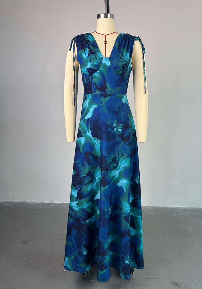 Women's Summer Sweet Floral V-Neck High-Waist Slim Fit A-Line Maxi Dress