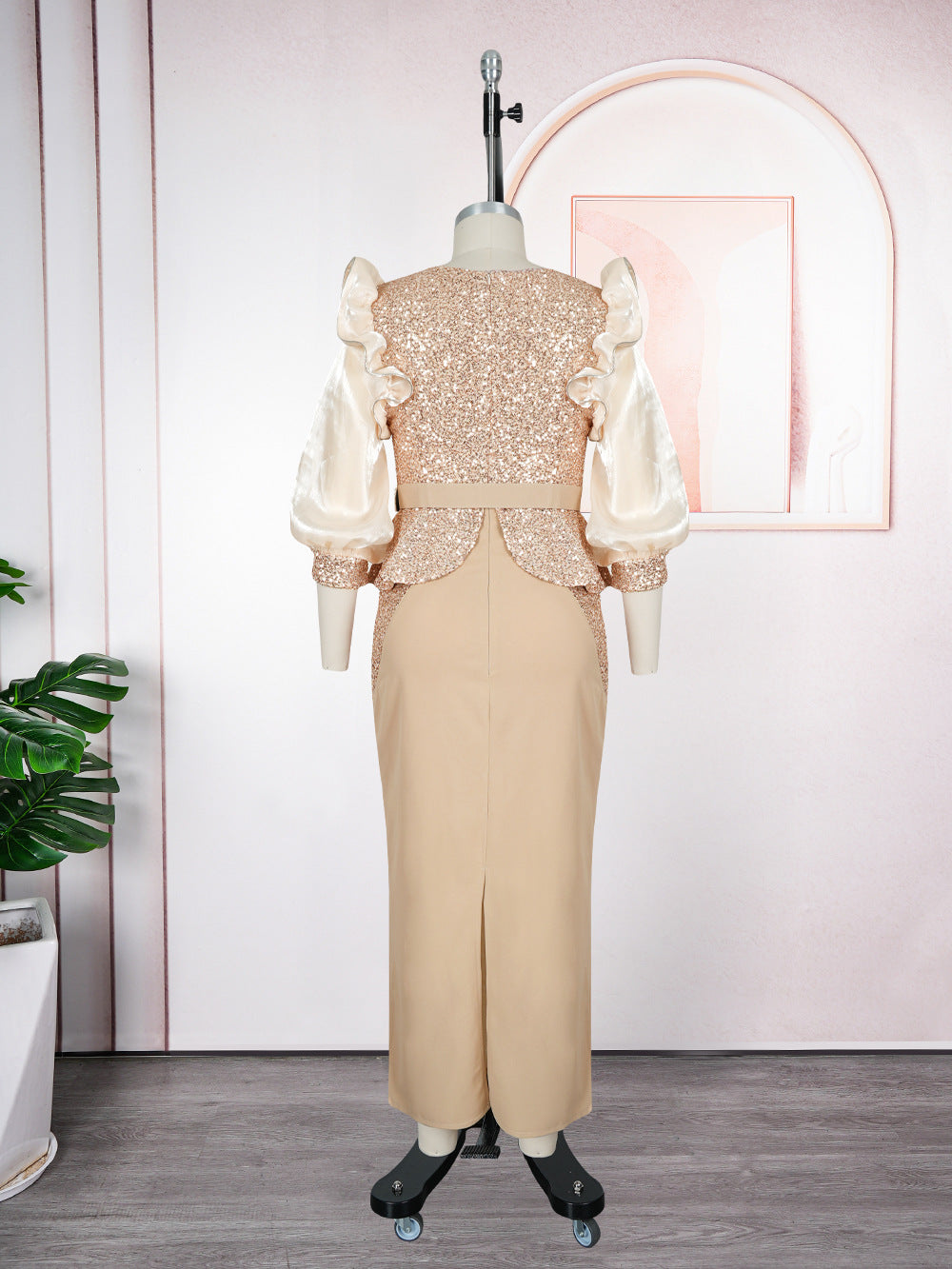 African Plus Size Women's Fashion Puff Sleeve Party Dress Beaded Sequin High Waist Gown 14