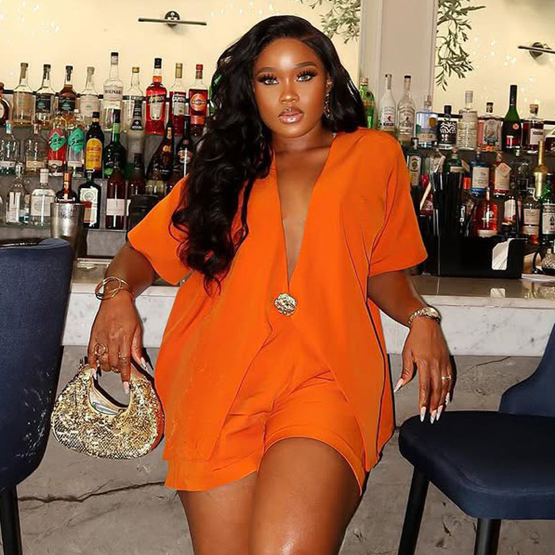 African Fashion Solid Color Short-Sleeved Top High Waist Shorts Women Two-Piece Set 3