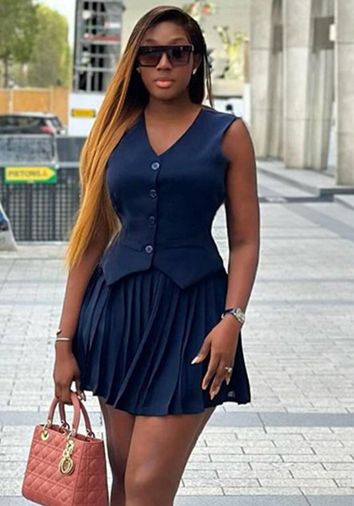 Women's Summer Solid Color V-Neck Sleeveless Vest Top Pleated Skirt Two-Piece Set