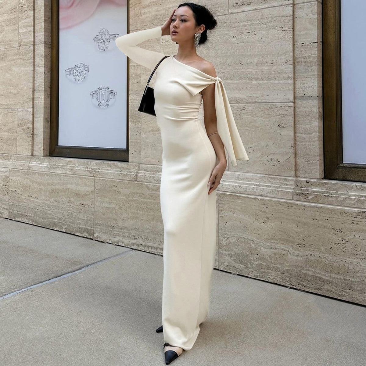 Women summer one-shoulder Slash Shoulder lace-up Solid dress 3