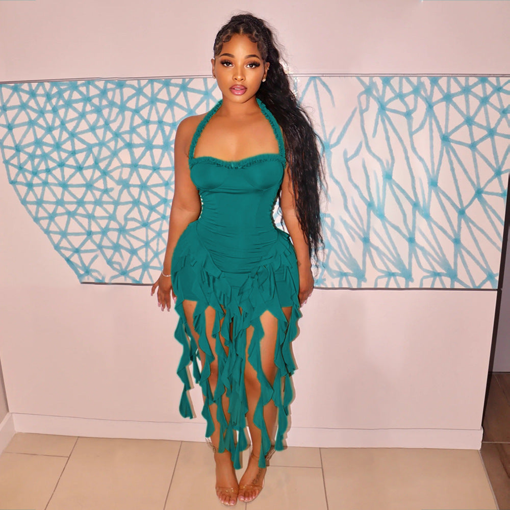 Solid color tassel Halter Neck women's fashion dress