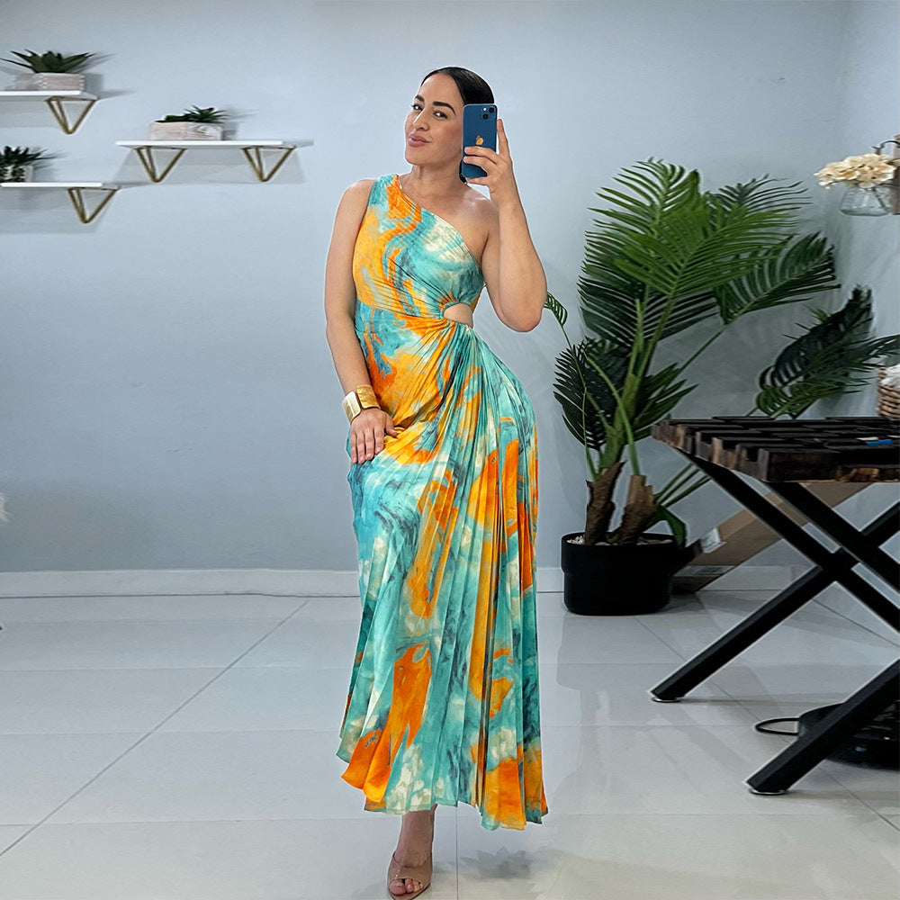 Women Printed Slash Shoulder Pleated Dress 5