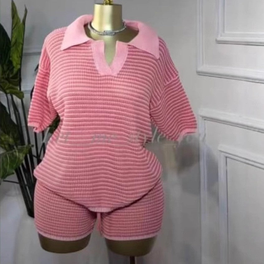 Summer Women's Loose Knit Turndown Collar Top & High-Waist Shorts 8