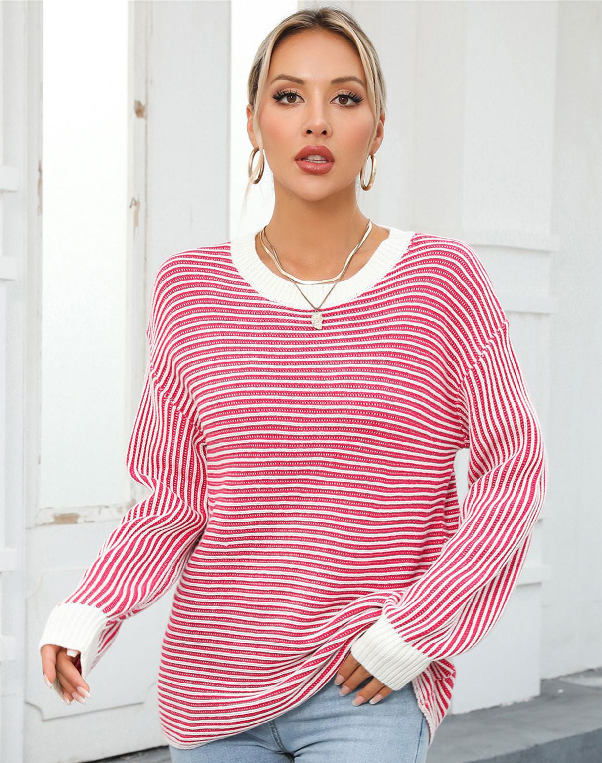 Autumn And Winter Women's Color-Blocked Round Neck Pullover Sweater Striped Knitting Top 7