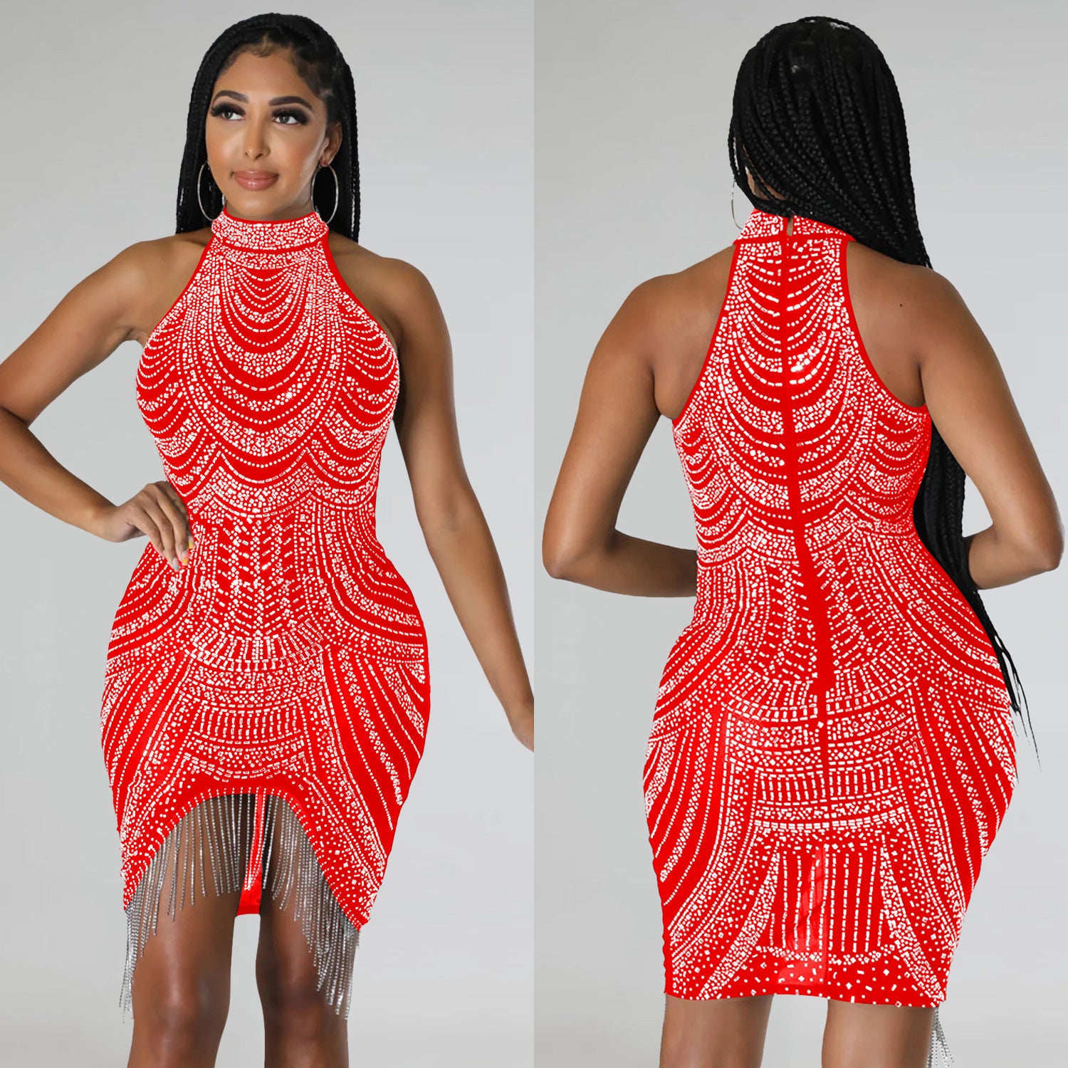 Fashion Ladies Solid Color Beaded Sleeveless Halter Neck Dress Women 4