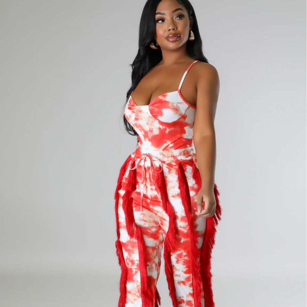 Women's Two-piece Pants V-Neck One-Piece bodysuit Top Sexy Tie-Dye Tassel Trousers Set 7
