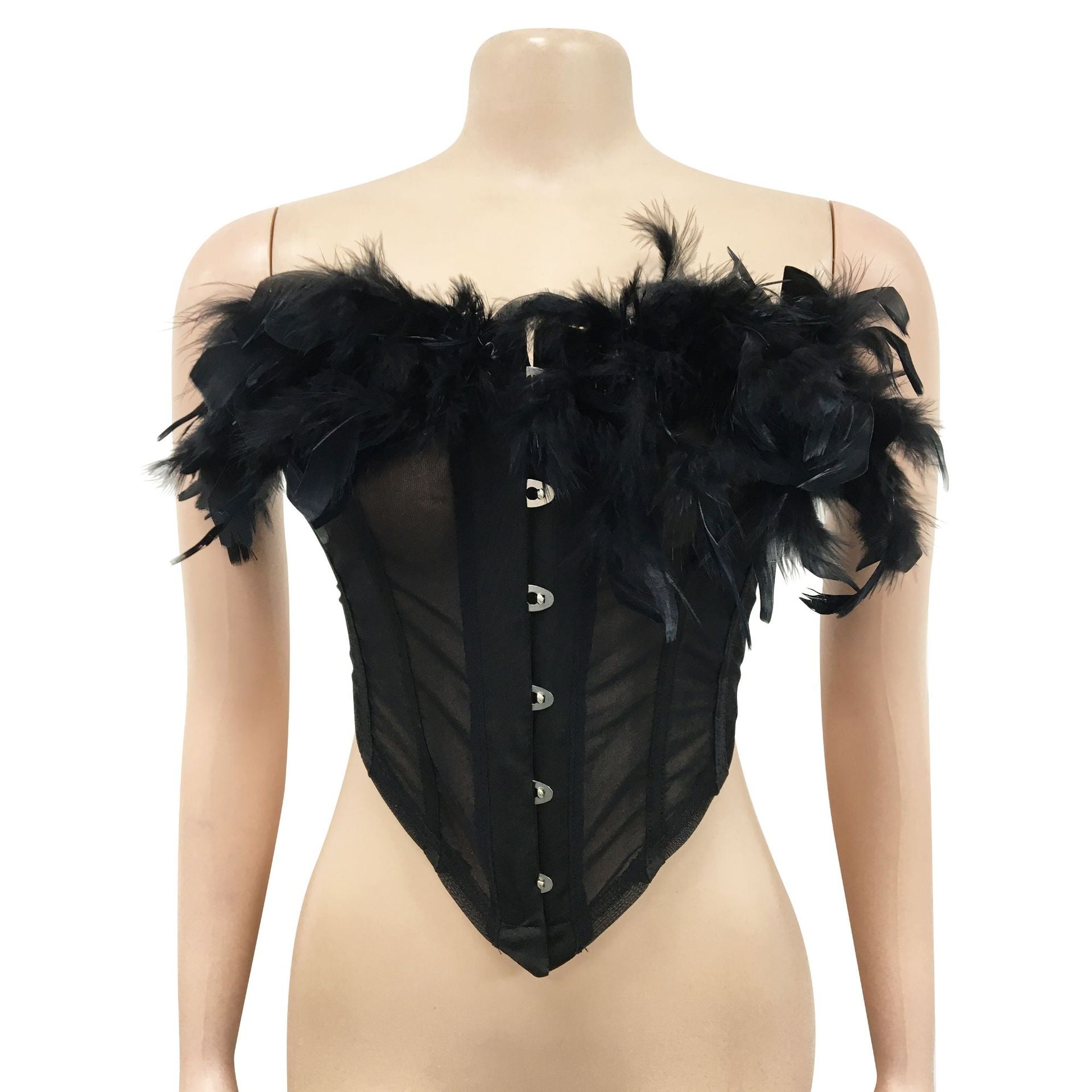 Solid Mesh See-Through Feather Lace-Up Strapless Tank Top Ruffled Midi Skirt Two Piece Set 18