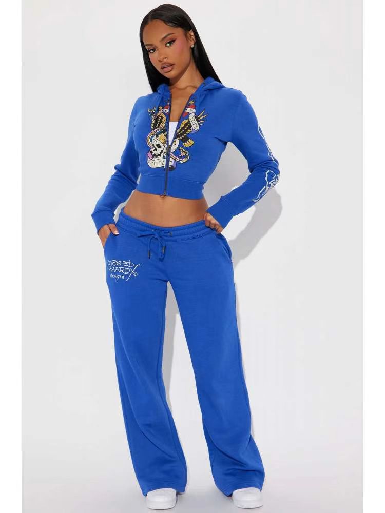 Women street casual print zipper hooded Print Top and Pants two-piece set 13