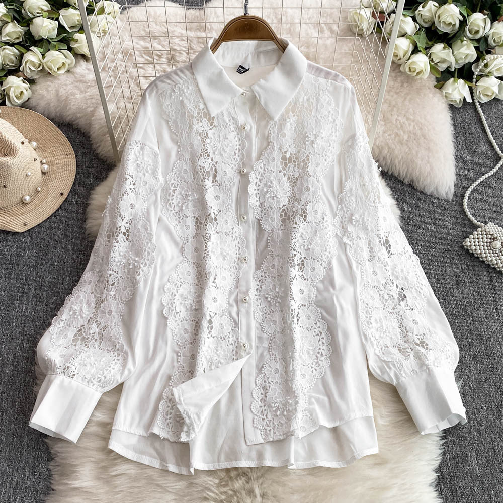 Women French Lace Patchwork Long Sleeve Shirt Wide Leg Pants Two Piece 9