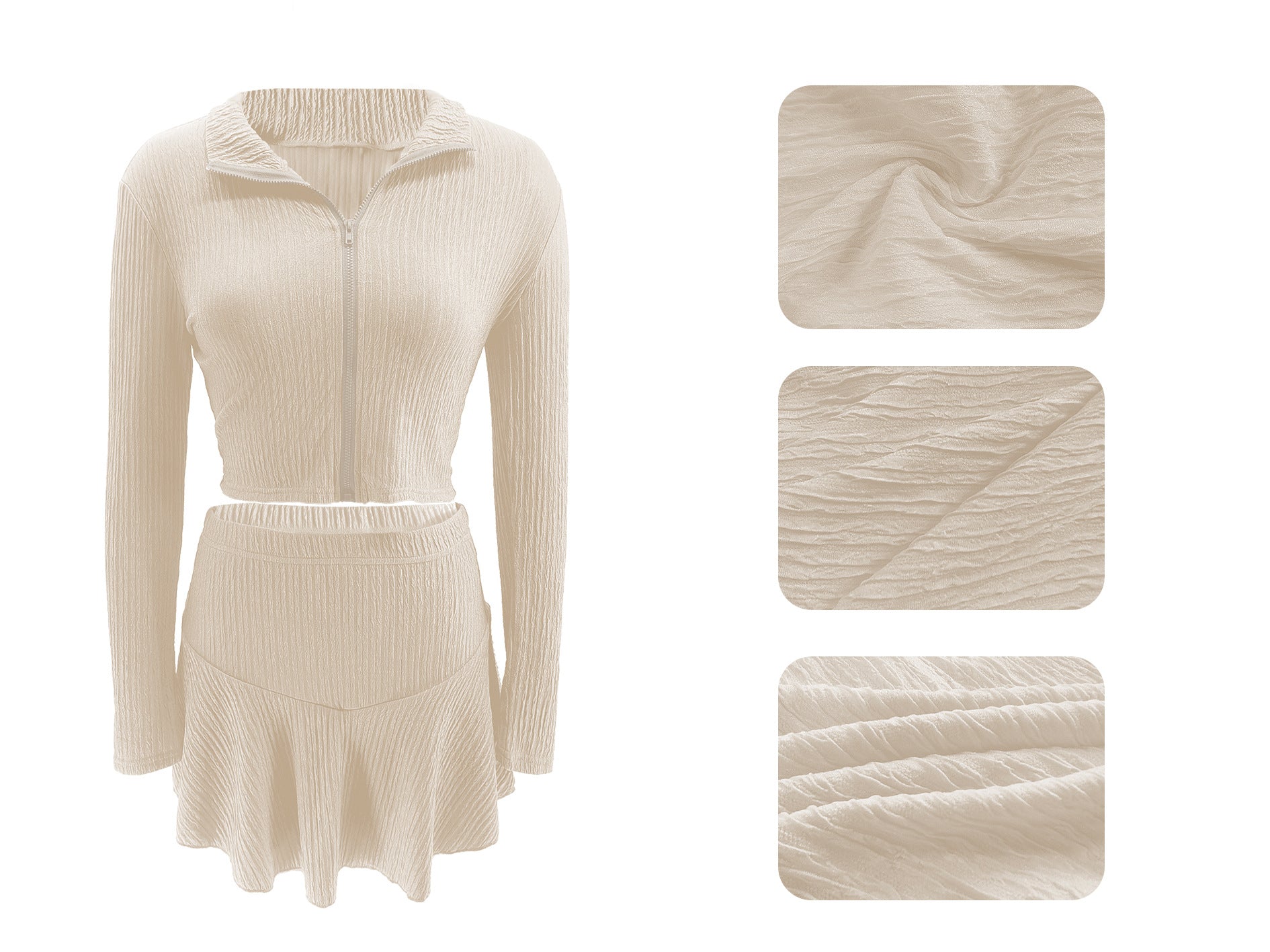 Women Solid Zippered Cropped Top Two-piece set with ruffled skirt 77