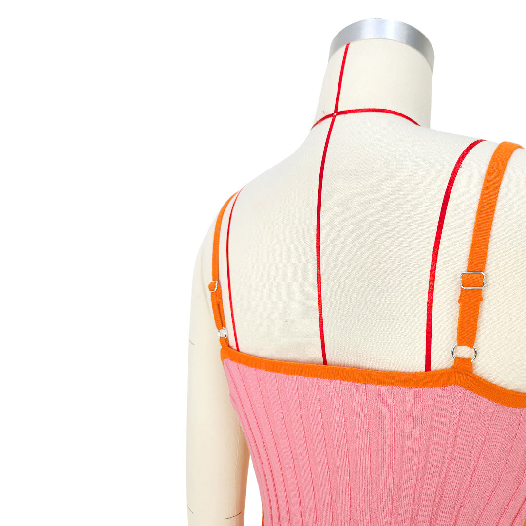 Women'S Solid Color Hollow Knitting Contrasting Color Straps Dress 15