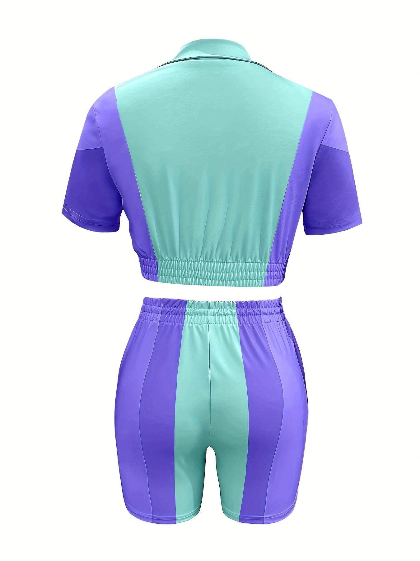 Spring and Summer Women's Zipper Elastic Short Sleeve Casual Drawstring Pocket Two-Piece Shorts Set 11