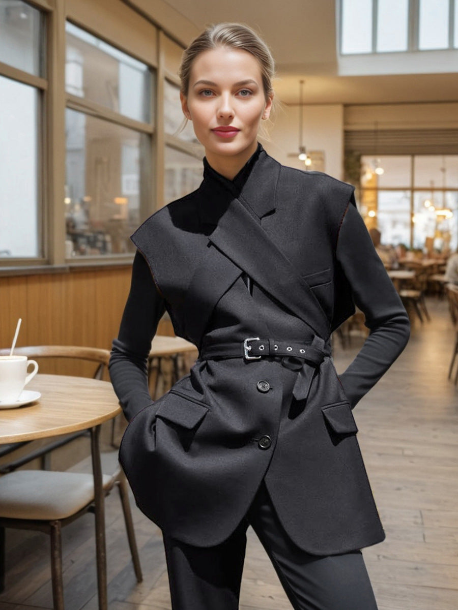 Patchwork Cross Tie Vest Solid Color Sleeveless Blazer for Women 3