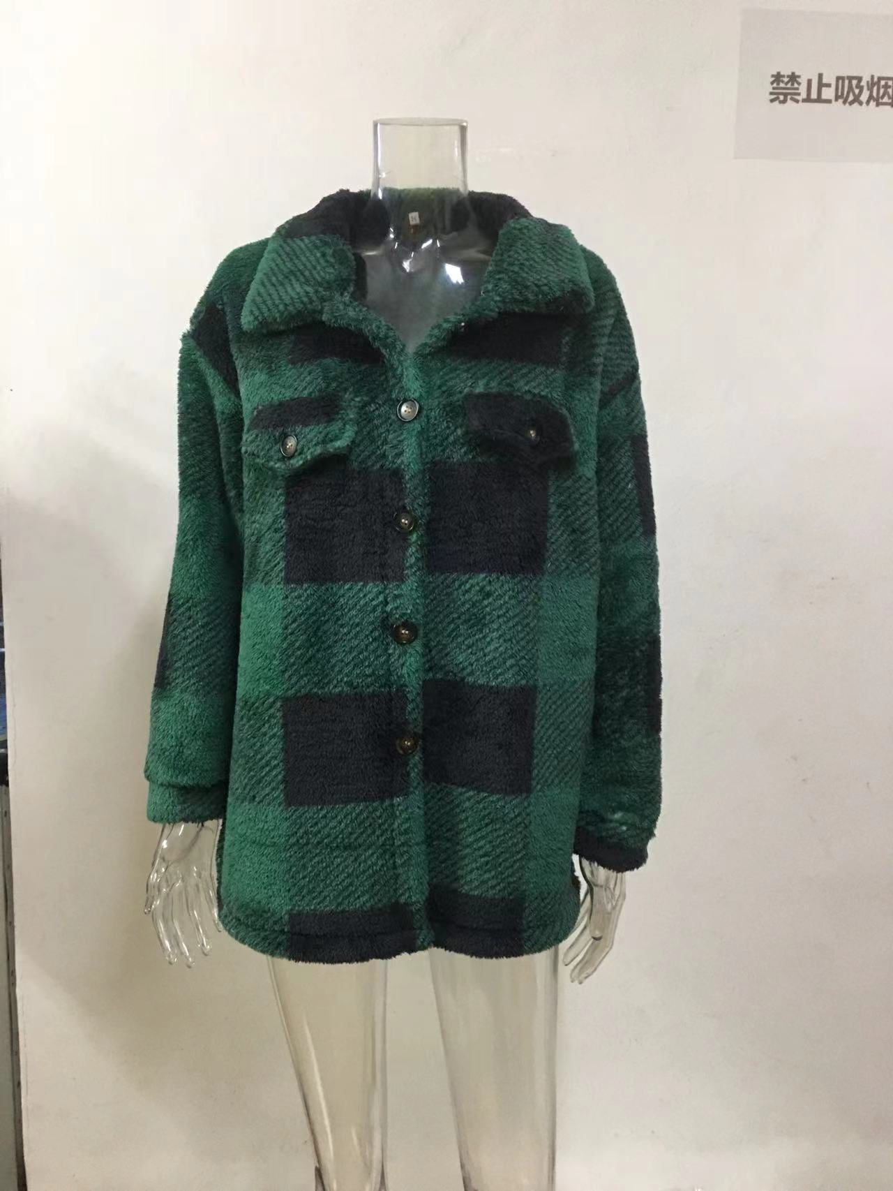 Women Autumn and Winter Pocket Plaid Sherpa Jacket Button Plush Jacket 29