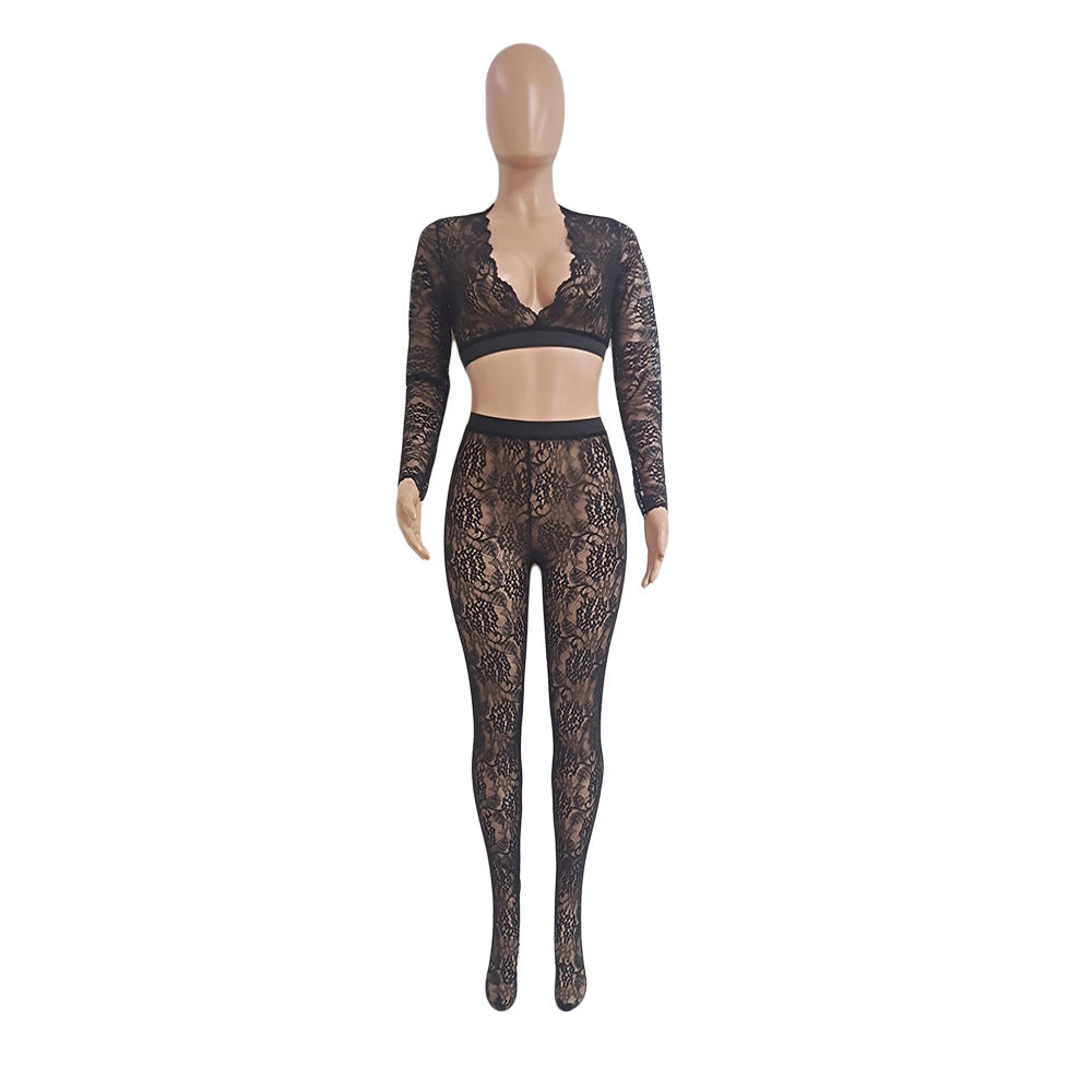 Women's Sexy V-Neck Tight Slim See Through Lace Two-Piece Pants Set 5