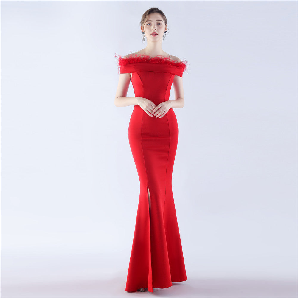 Women Ostrich Feather Off Shoulder Strapless Evening Dress 11