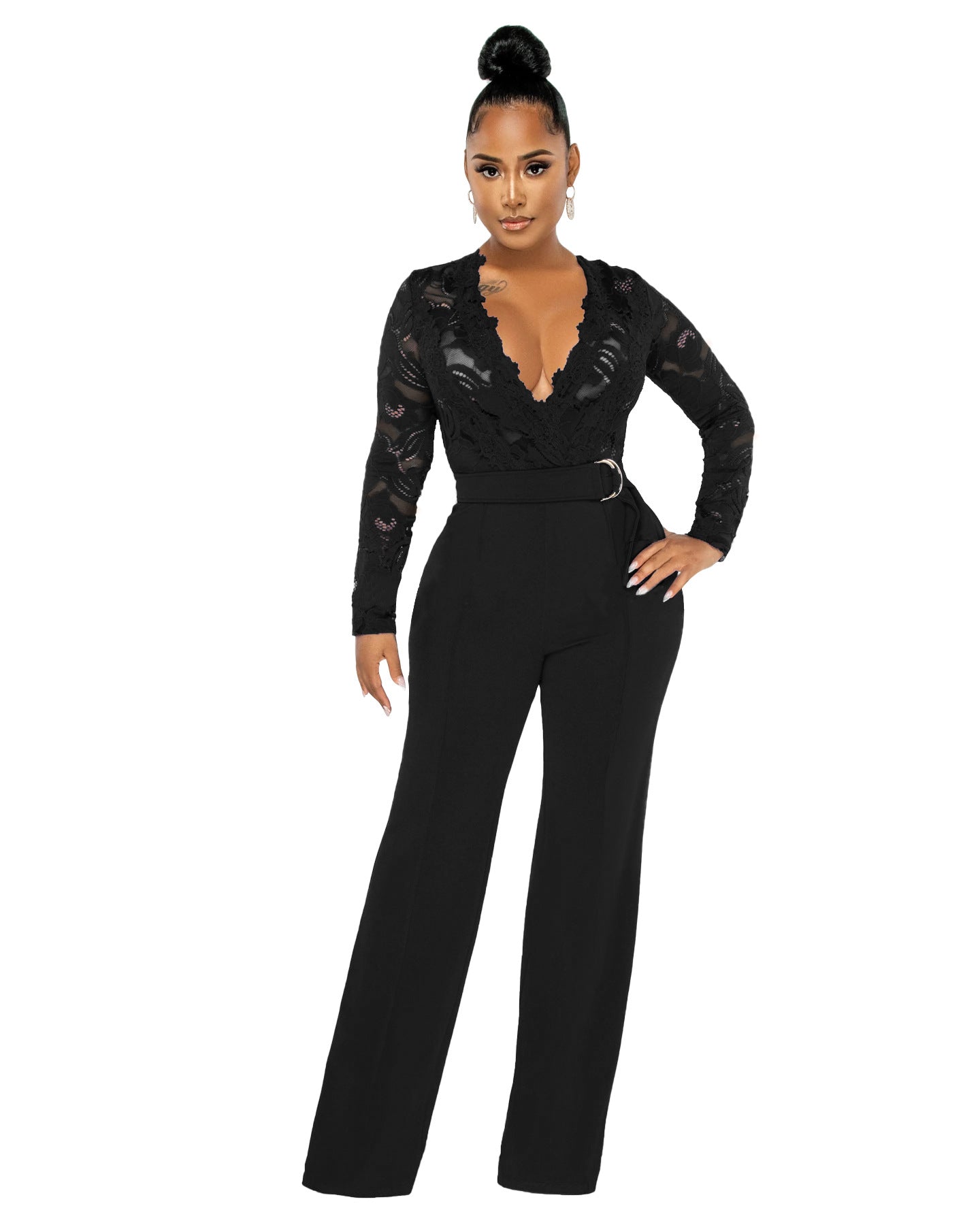 Fashion Sexy Casual Slim V-Neck Lace See-Through Jumpsuit 6