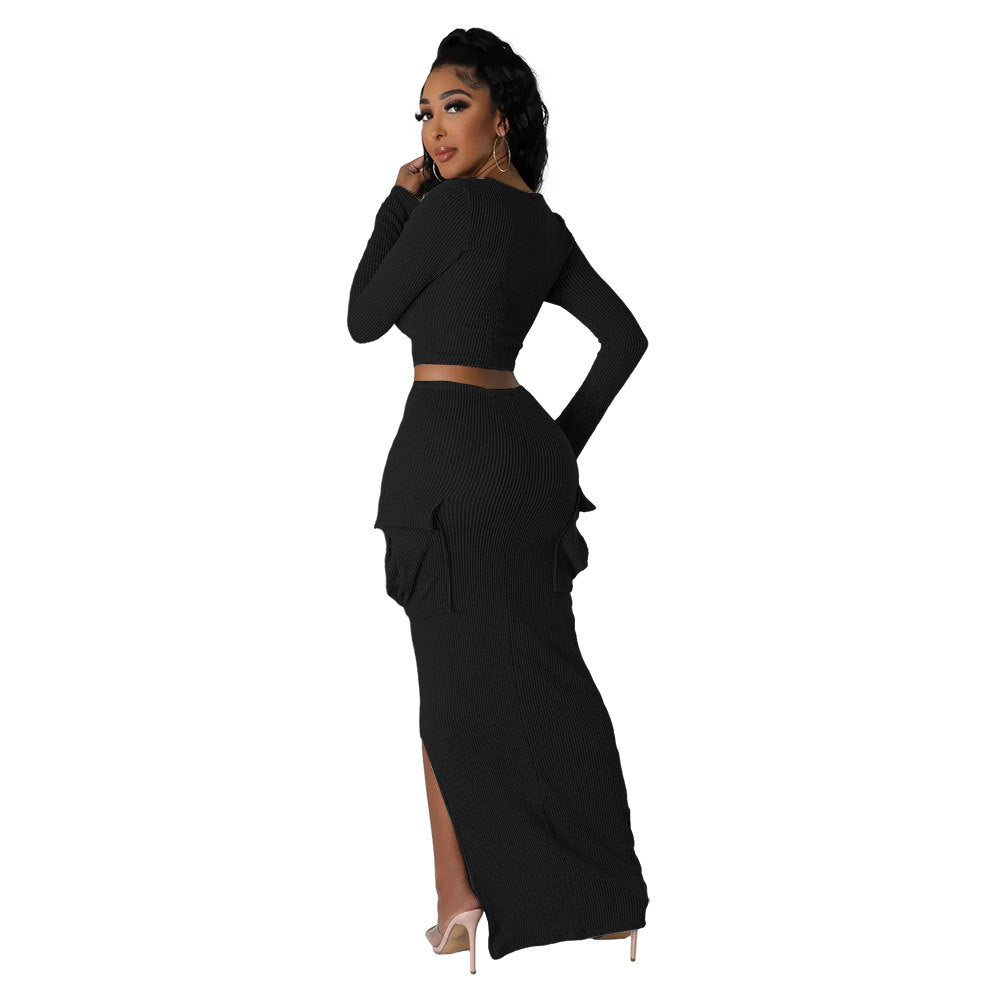 U-neck Tight Fitting short top with high waist and slit Bodycon long skirt autumn and winter two-piece set 21