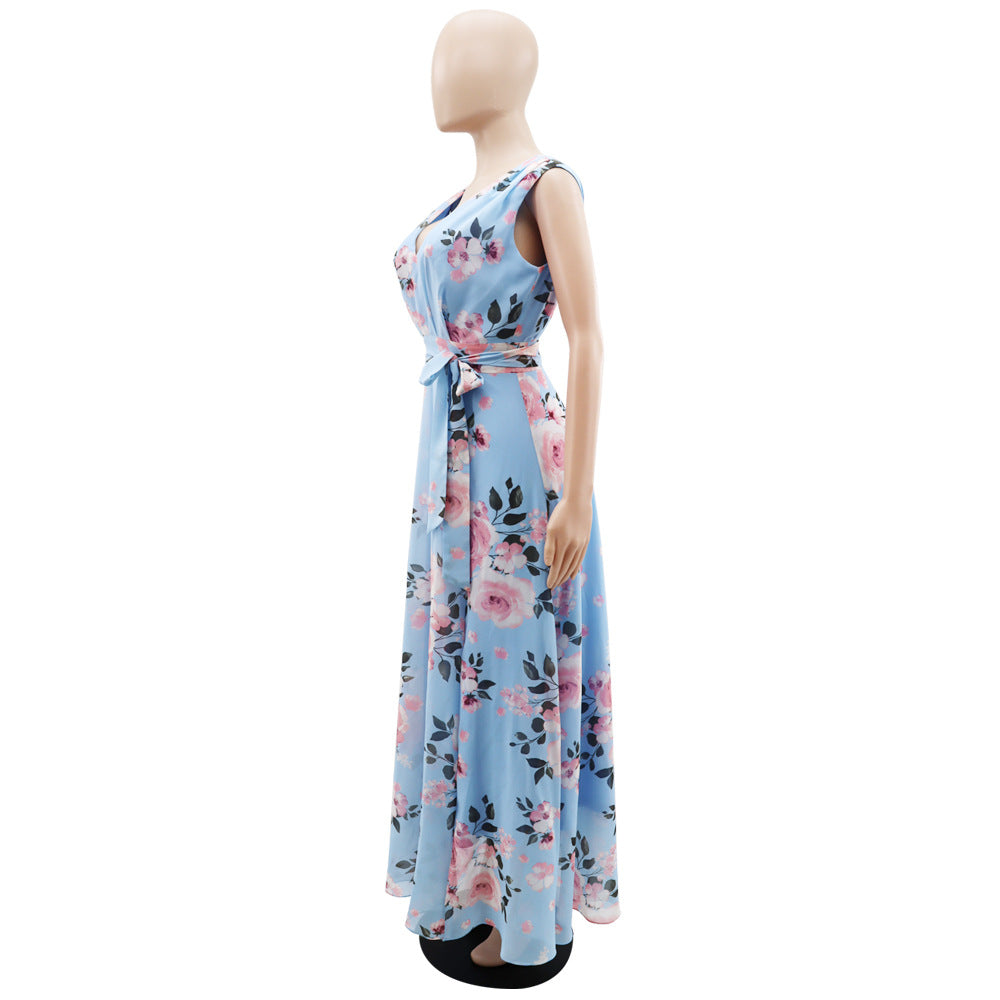 Women summer elegant chiffon sleeveless print slit dress 15