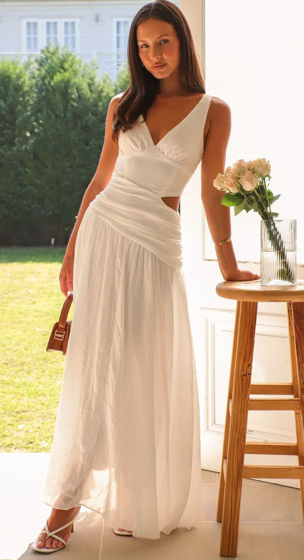 Women Summer Elegant Square Neck Striped Button-Drawstring Dress 18